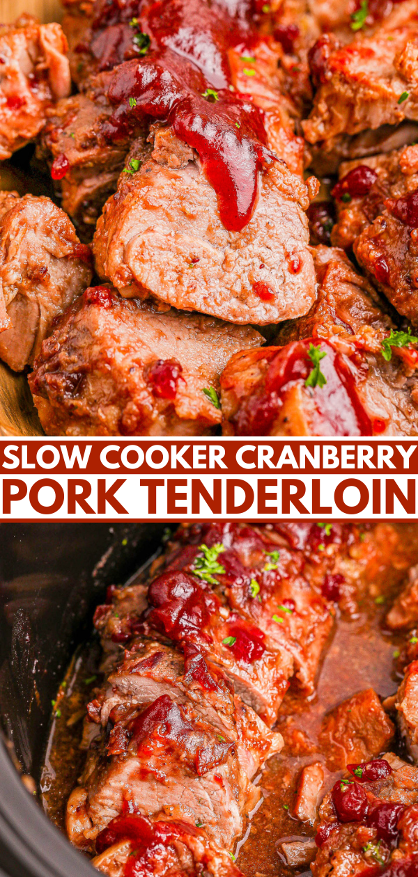 Slow cooker pork tenderloin topped with cranberry sauce, garnished with herbs.