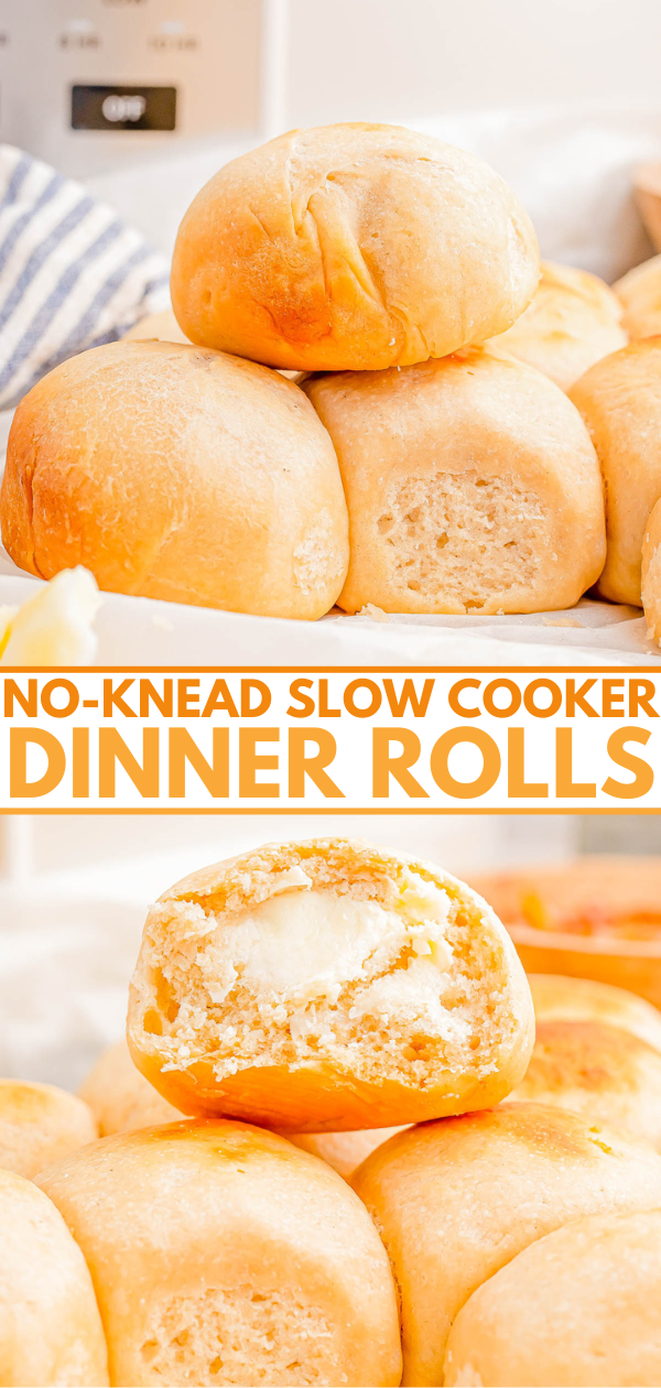 A stack of no-knead slow cooker dinner rolls, one with a bite taken, showing the soft interior. Text reads "No-Knead Slow Cooker Dinner Rolls.