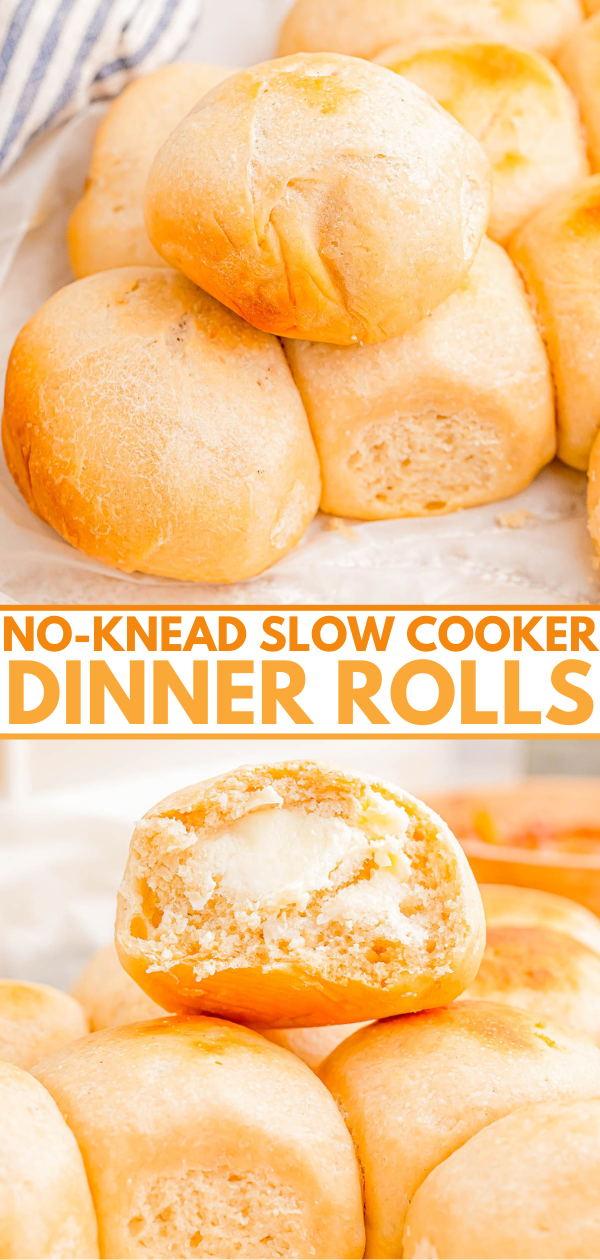 Soft, golden-brown no-knead dinner rolls stacked on a plate, with one roll broken open to show its fluffy interior. Text reads: "No-Knead Slow Cooker Dinner Rolls.