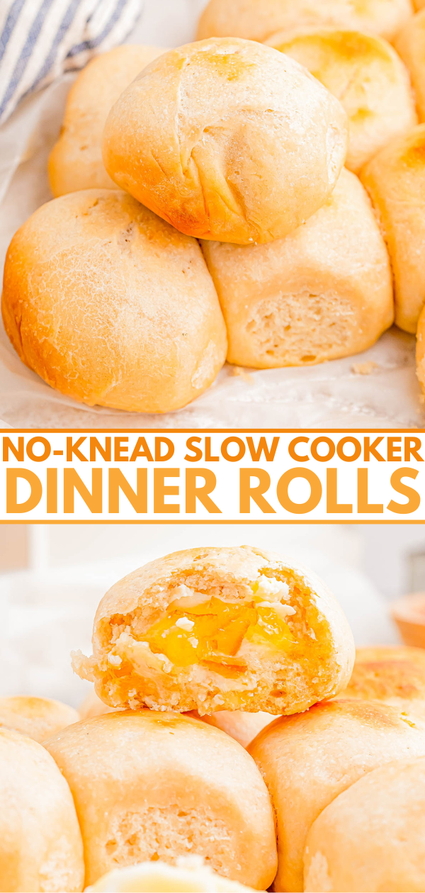 Close-up of golden-brown dinner rolls, some whole and some with a split revealing a soft, flaky texture. Text overlay reads "No-Knead Slow Cooker Dinner Rolls.