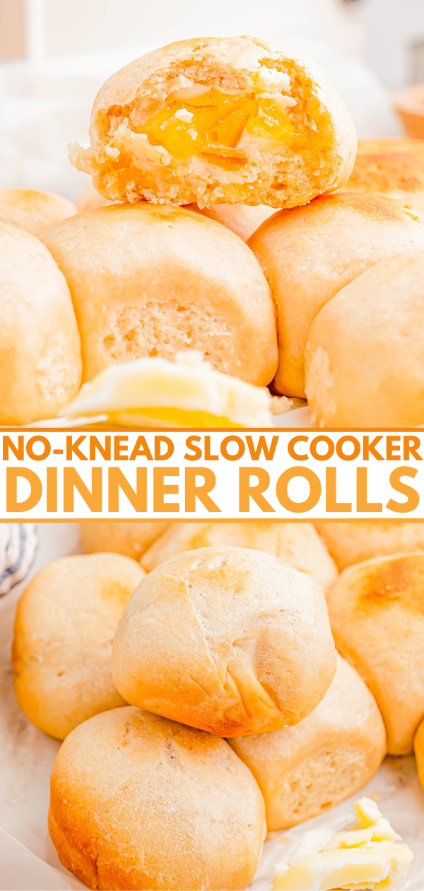 Golden brown, fluffy dinner rolls with a cheesy filling, stacked on a surface. Text reads "No-Knead Slow Cooker Dinner Rolls.