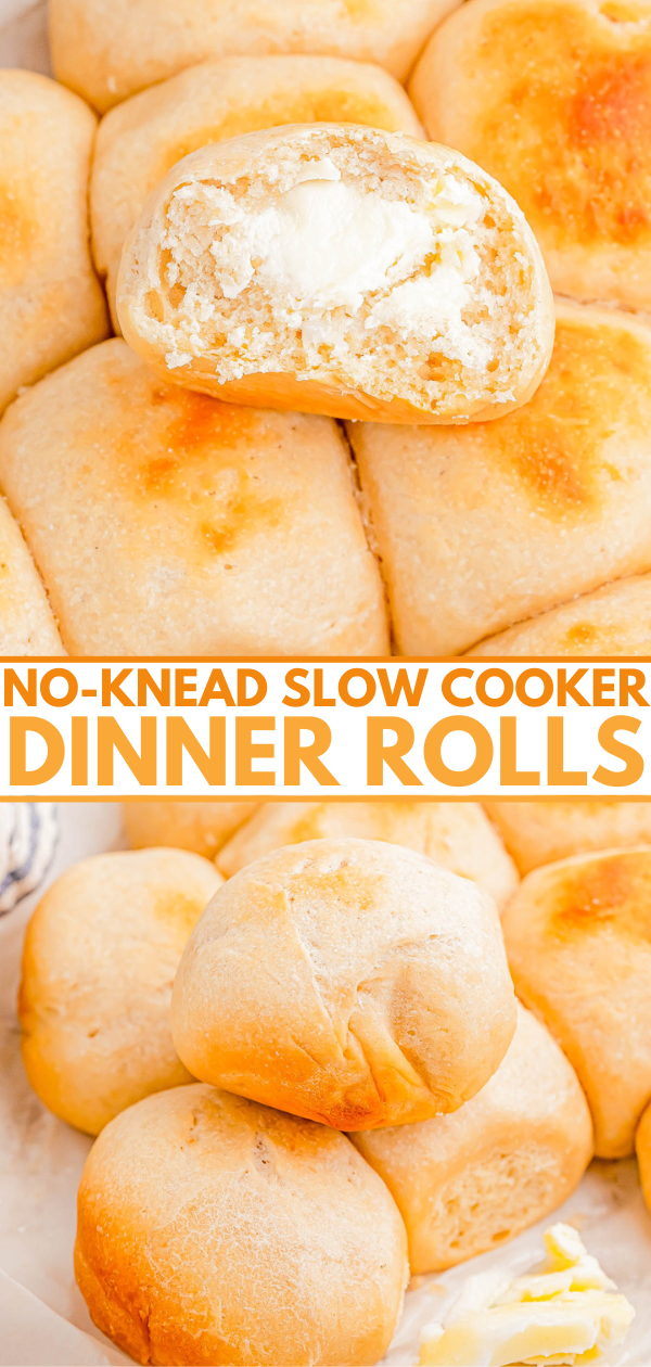 No-knead slow cooker dinner rolls, freshly baked and golden brown, with one roll showing a fluffy interior.