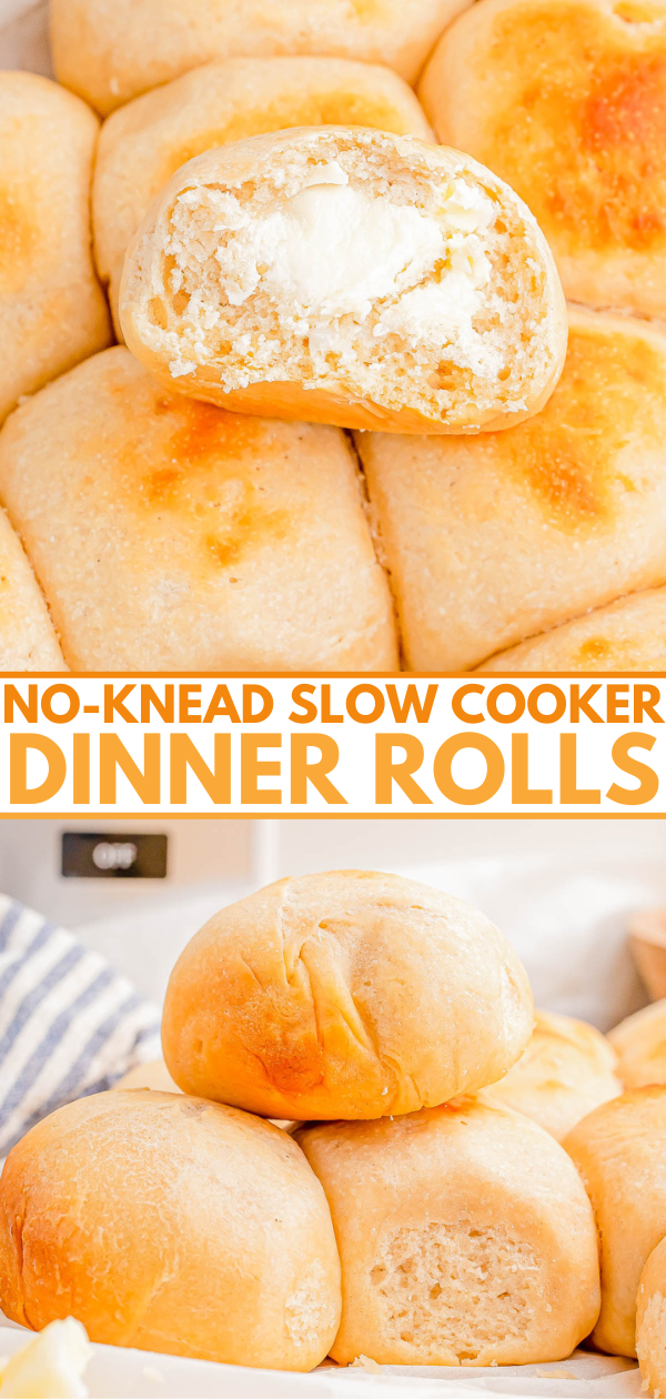 Close-up of no-knead slow cooker dinner rolls, with one roll cut open to show the soft interior. Text overlay reads: "No-Knead Slow Cooker Dinner Rolls.