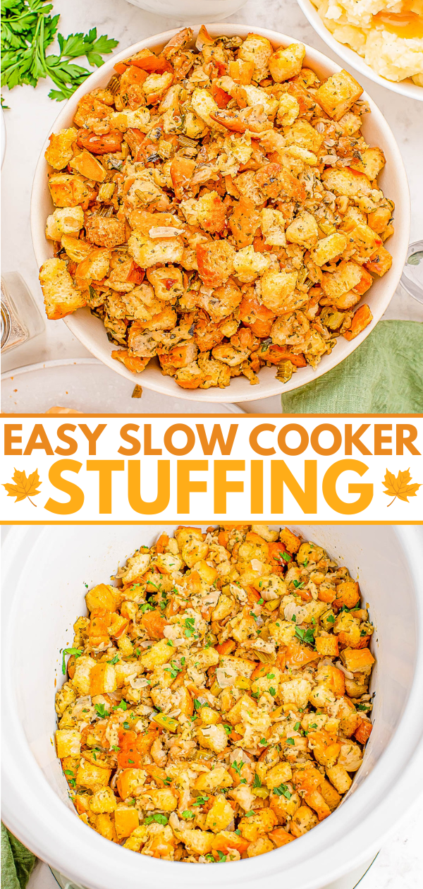 Two images of easy slow cooker stuffing showing a dish with bread cubes, vegetables, and herbs, accompanied by decorative text.