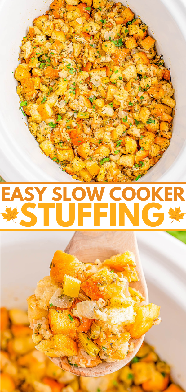 Slow cooker stuffing with cubed bread, vegetables, and herbs shown in a white dish and on a wooden spoon. Text overlay reads "Easy Slow Cooker Stuffing.