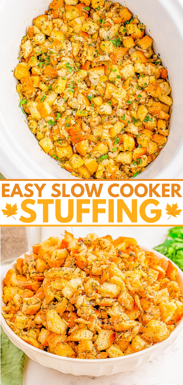 A dish of slow cooker stuffing with bread cubes, herbs, and vegetables. Below, a text overlay reads "Easy Slow Cooker Stuffing" with autumn leaf icons.