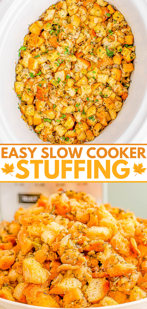 Slow cooker filled with seasoned stuffing mix, including bread cubes and herbs. Text reads: "Easy Slow Cooker Stuffing.