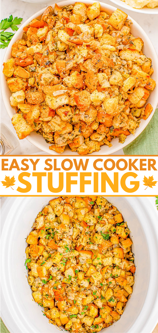 A dish of slow cooker stuffing with bread, vegetables, and herbs, accompanied by text that reads "Easy Slow Cooker Stuffing.