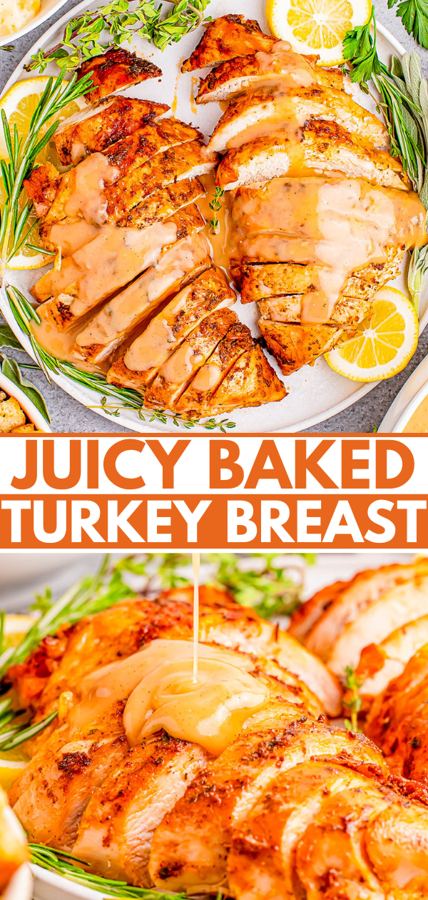 Sliced juicy baked turkey breast with gravy, garnished with lemon slices and herbs, on a serving platter.