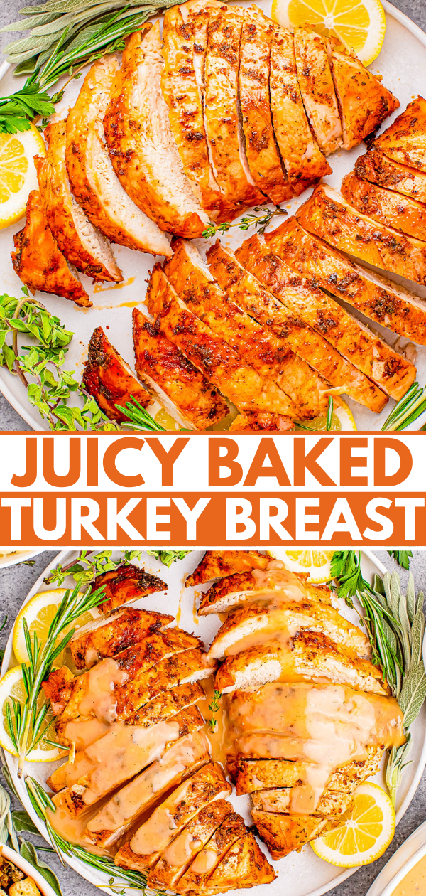 Sliced baked turkey breast garnished with herbs and lemon slices. Some slices are topped with gravy. Text overlay reads: "Juicy Baked Turkey Breast.