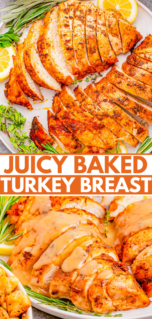 Sliced baked turkey breast on a platter, garnished with rosemary and lemon slices, with a headline reading "Juicy Baked Turkey Breast.