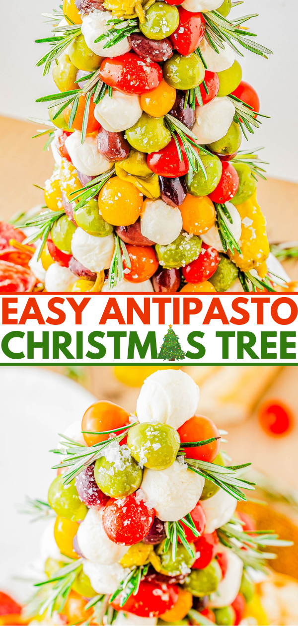 Antipasto Christmas tree made of assorted cheese balls, tomatoes, olives, and rosemary sprigs arranged in a cone shape.