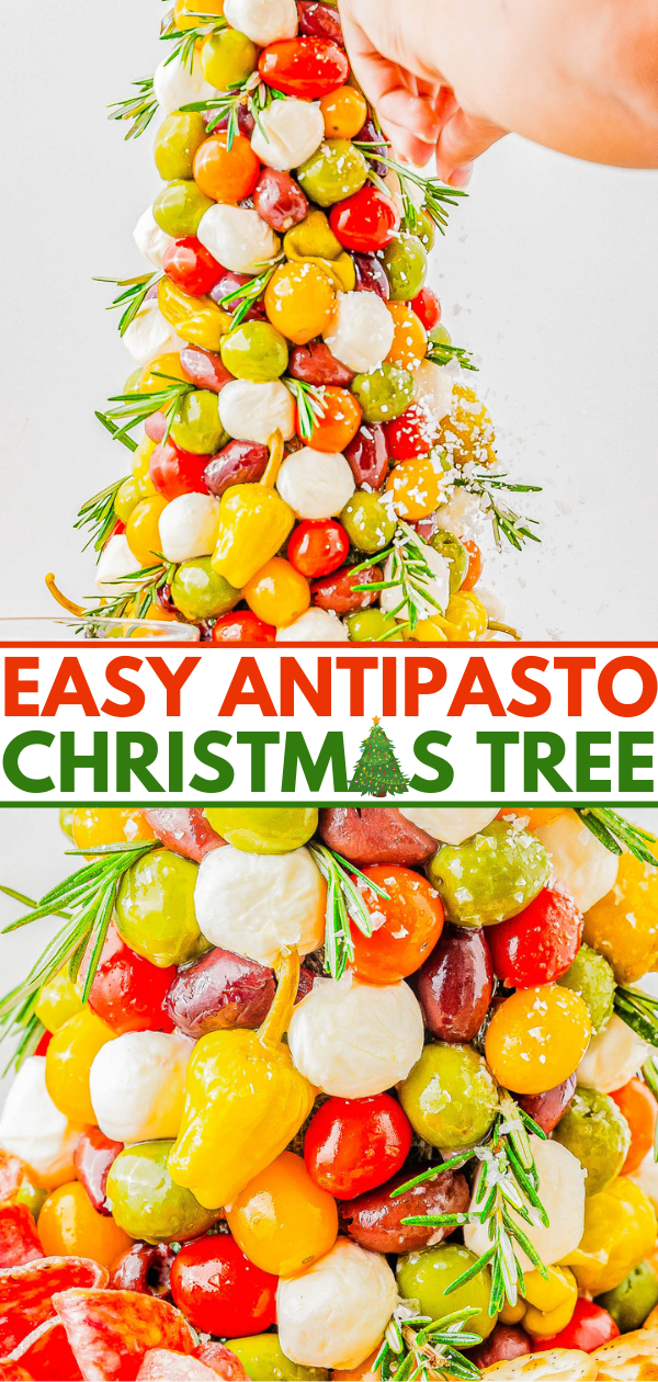 Antipasto Christmas tree made of cherry tomatoes, mozzarella balls, olives, and peppers garnished with rosemary and parmesan cheese.