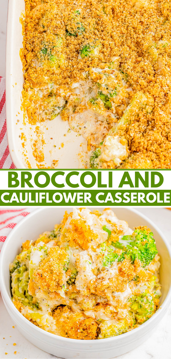 Broccoli and cauliflower casserole with breadcrumb topping in a baking dish and served in a bowl.