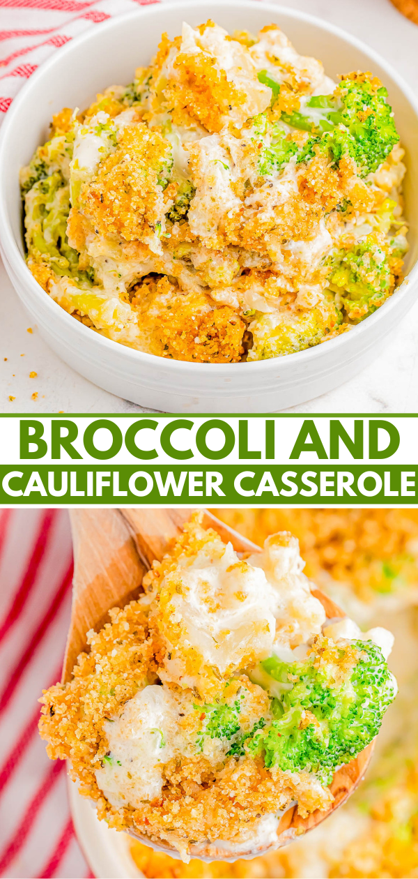 Broccoli and cauliflower casserole with a breadcrumb topping displayed in a white bowl and being served with a wooden spoon.