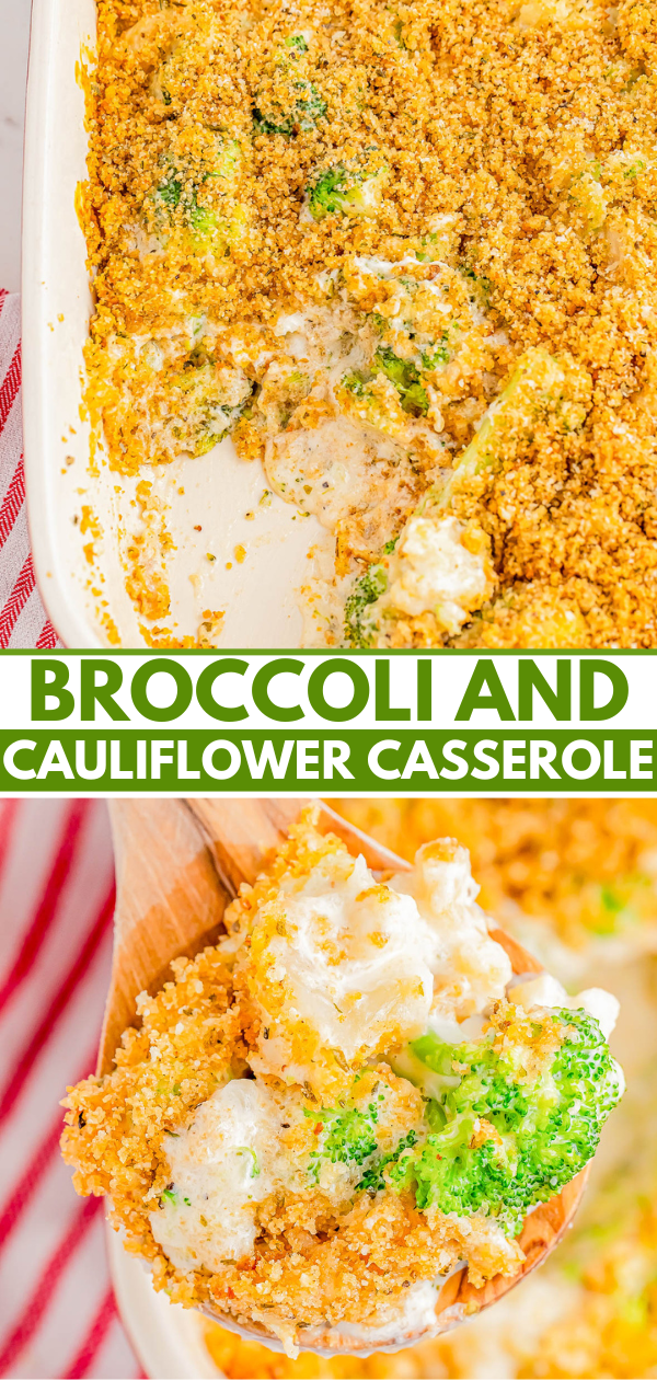 Broccoli and cauliflower casserole with a breadcrumb topping. A spoonful is being served from a baking dish.