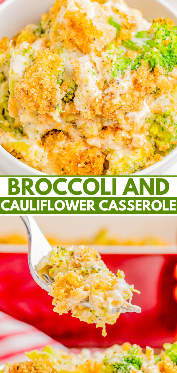 A close-up of broccoli and cauliflower casserole with a crispy topping. A fork holds a bite-sized portion above the dish.