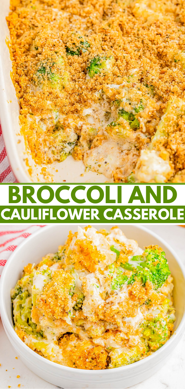 Broccoli and cauliflower casserole with a crispy breadcrumb topping in a baking dish and a serving in a white bowl.