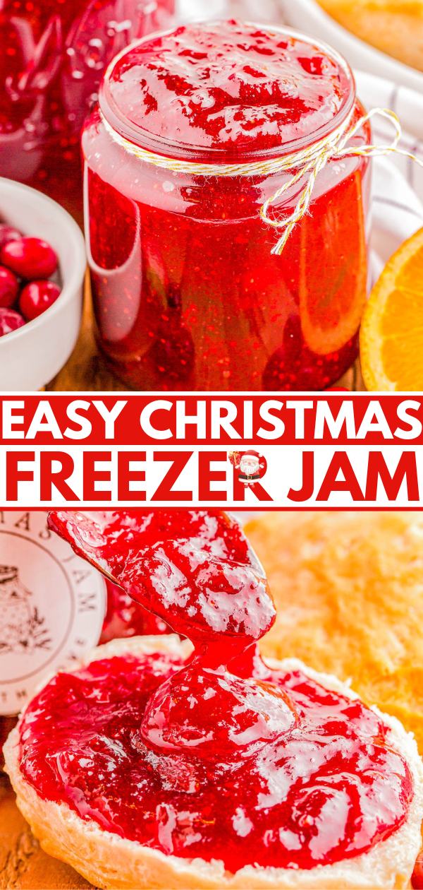 Jar of red Christmas freezer jam next to fruit, with jam spread on toast below.