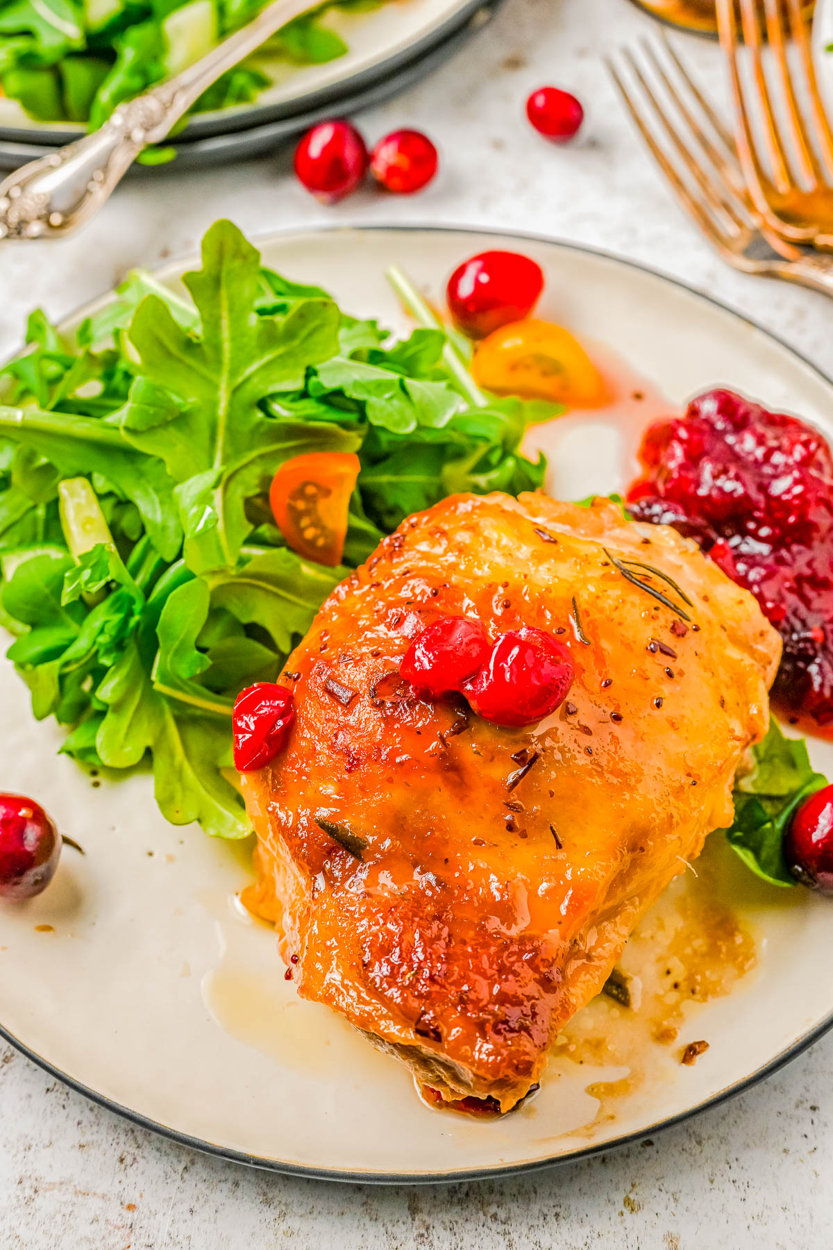 Plate with roasted chicken topped with cranberries, arugula salad, and a side of cranberry sauce.