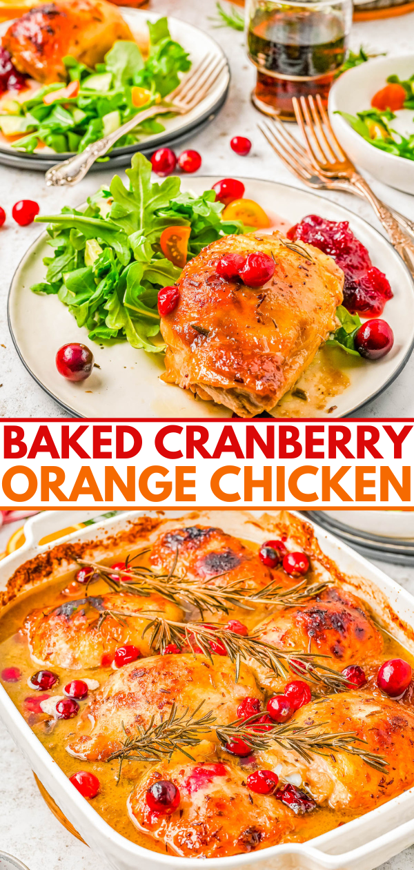 Baked cranberry orange chicken served with salad on a plate; the dish is garnished with cranberries and rosemary in a casserole dish.