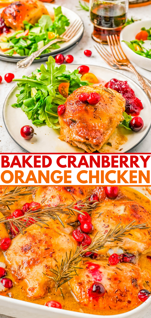 Baked cranberry orange chicken on plates with salad, garnished with cranberries and rosemary.