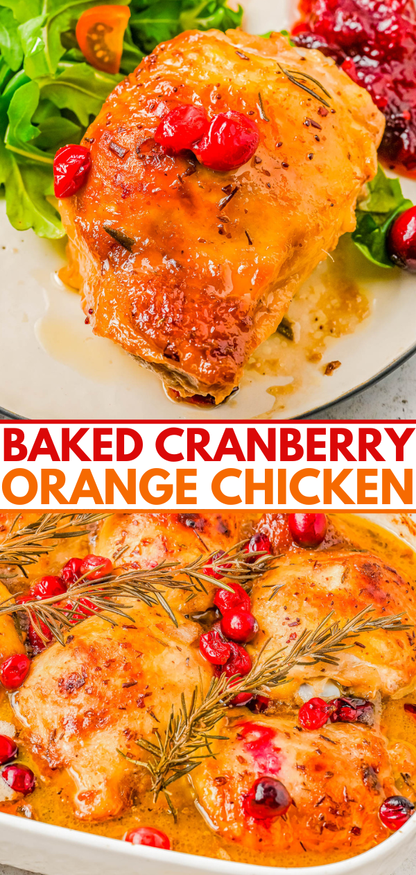 Baked cranberry orange chicken on a plate with fresh greens and cranberries, accompanied by a baking dish of chicken garnished with herbs and cranberries.