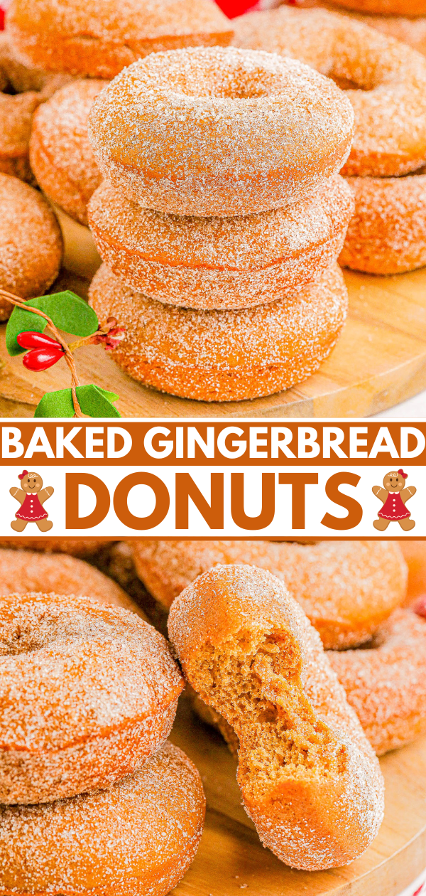 A stack of baked gingerbread donuts with sugar coating. In the forefront, a donut with a bite taken out. Text overlay reads "Baked Gingerbread Donuts.