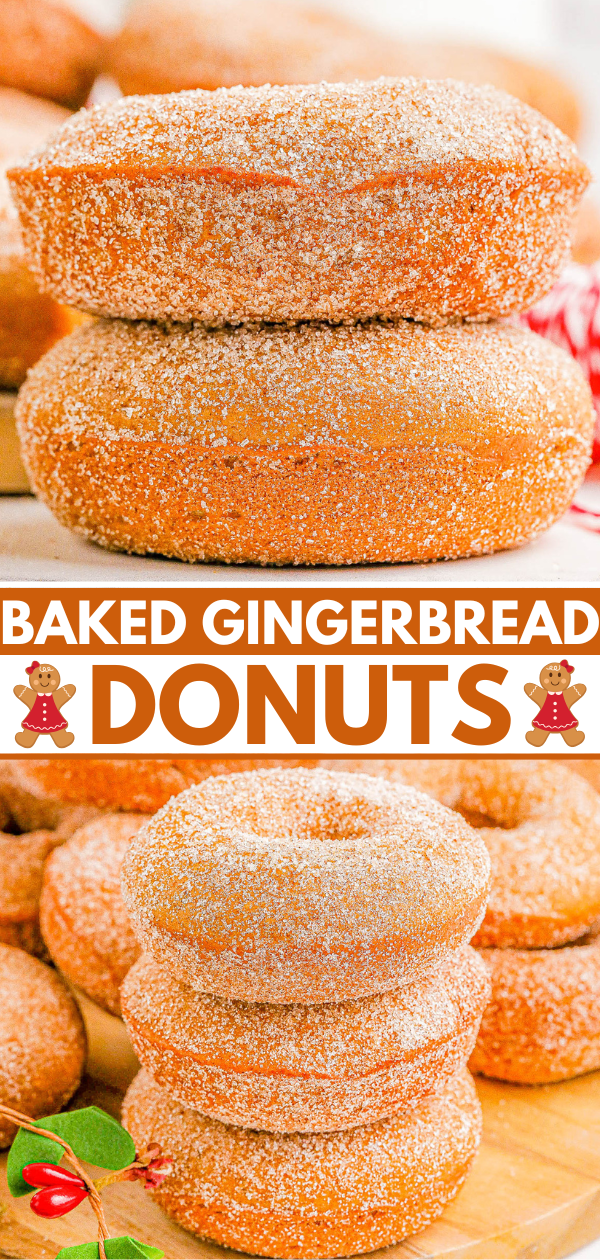 Stack of sugar-coated baked gingerbread donuts placed on a wooden surface, with a festive design showcasing the text "BAKED GINGERBREAD DONUTS" between the donut stacks.