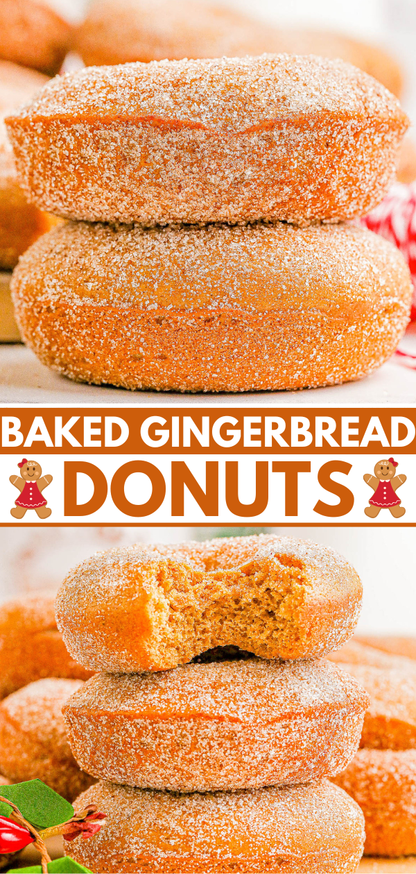 Three baked gingerbread donuts stacked, with sugar coating. One donut has a bite taken out. Text reads "Baked Gingerbread Donuts." Gingerbread men illustrations included.