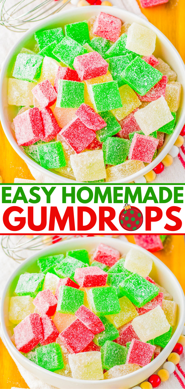 A bowl filled with colorful, sugar-coated gumdrops in red, green, and yellow. Text overlay reads "Easy Homemade Gumdrops.