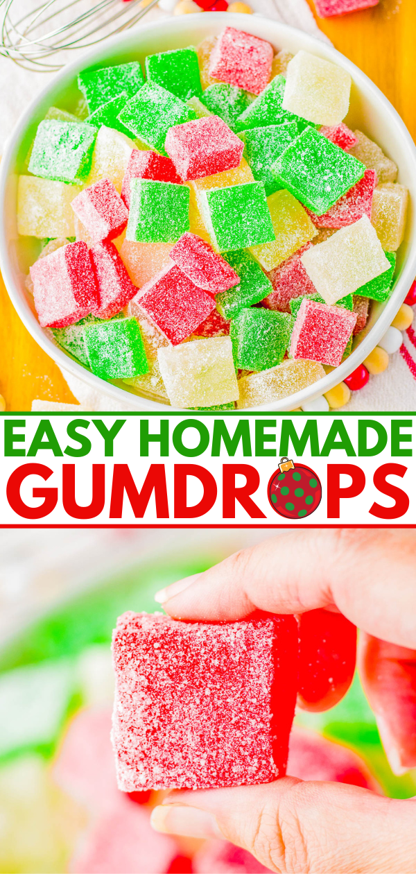 Colorful homemade gumdrops in a bowl with a hand holding a red gumdrop. Text reads: "Easy Homemade Gumdrops.