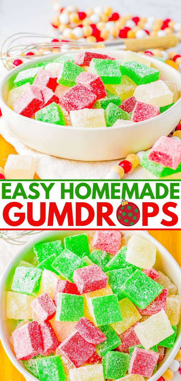 Bowls of colorful homemade gumdrops with a variety of red, green, and yellow sugar-coated squares on display.