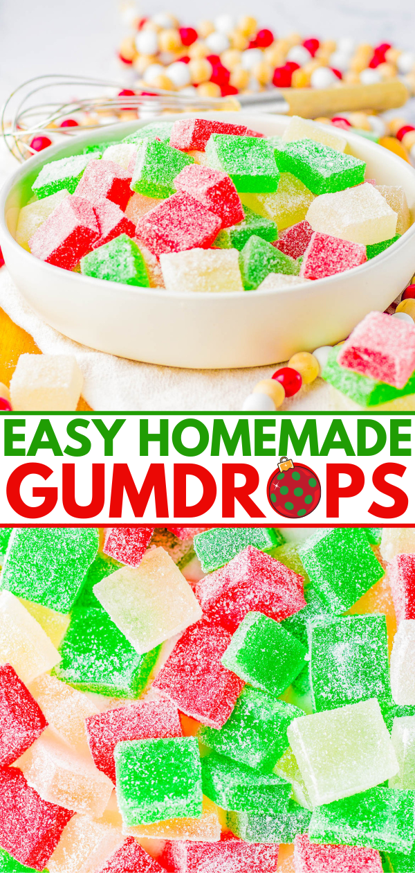 A bowl of colorful sugar-coated gumdrops in red, green, and yellow with text "Easy Homemade Gumdrops" on a white background.