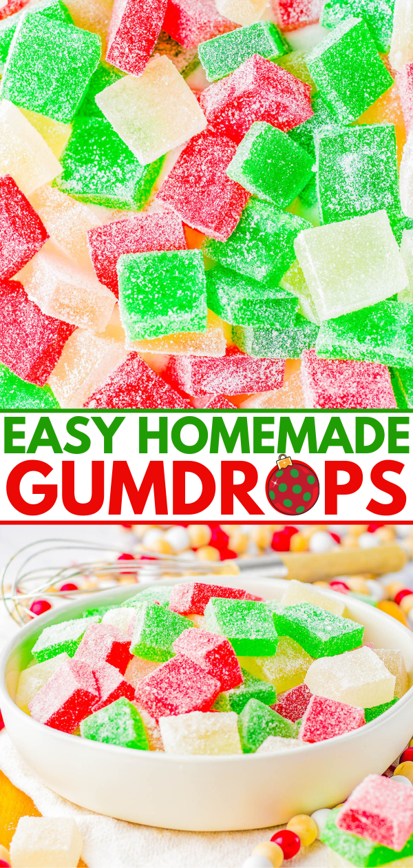 Colorful sugar-coated gumdrops in red, green, and white displayed in a bowl with text overlay: "Easy Homemade Gumdrops".