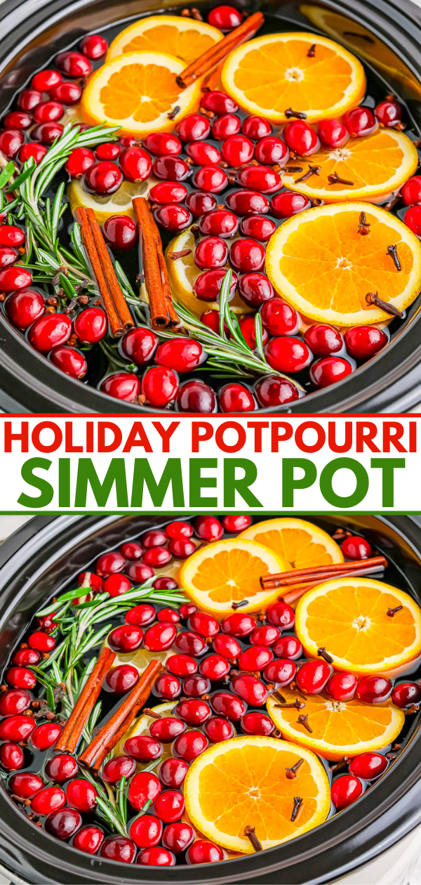 A simmer pot with orange slices, cranberries, rosemary, and cinnamon sticks floating in water for holiday potpourri.