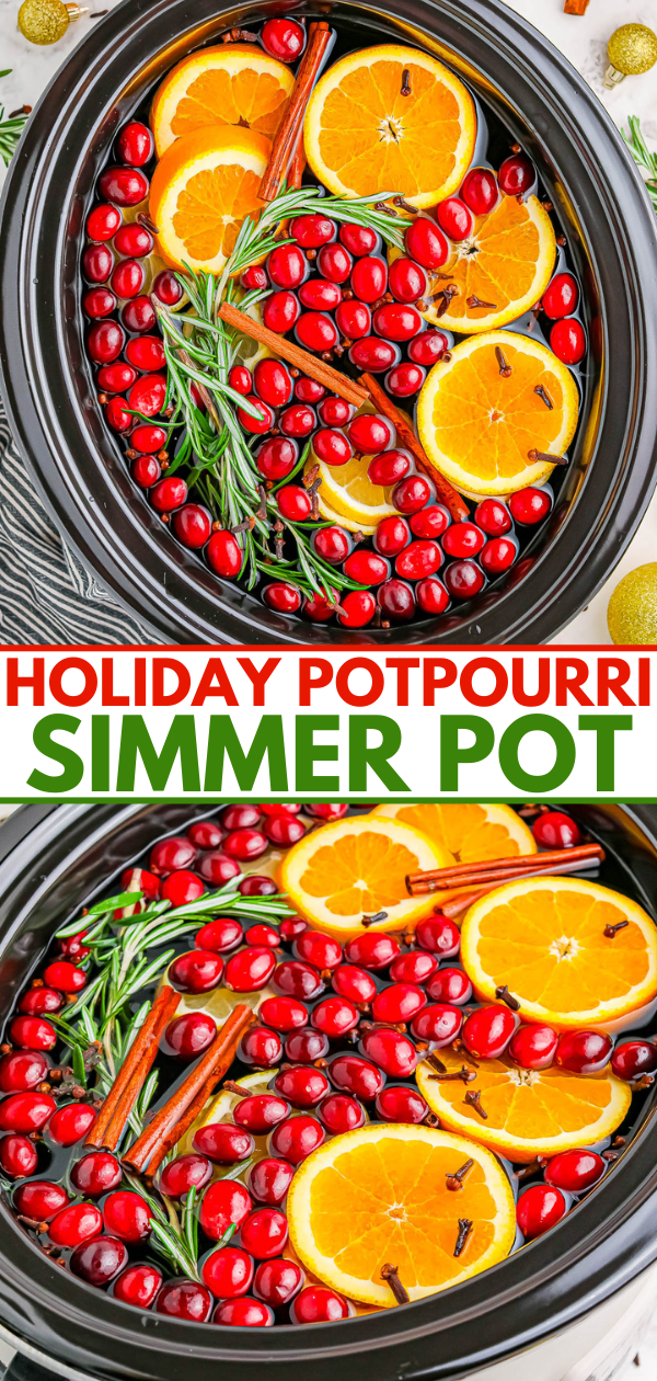 A simmer pot with sliced oranges, cranberries, rosemary, and cinnamon sticks for holiday potpourri.