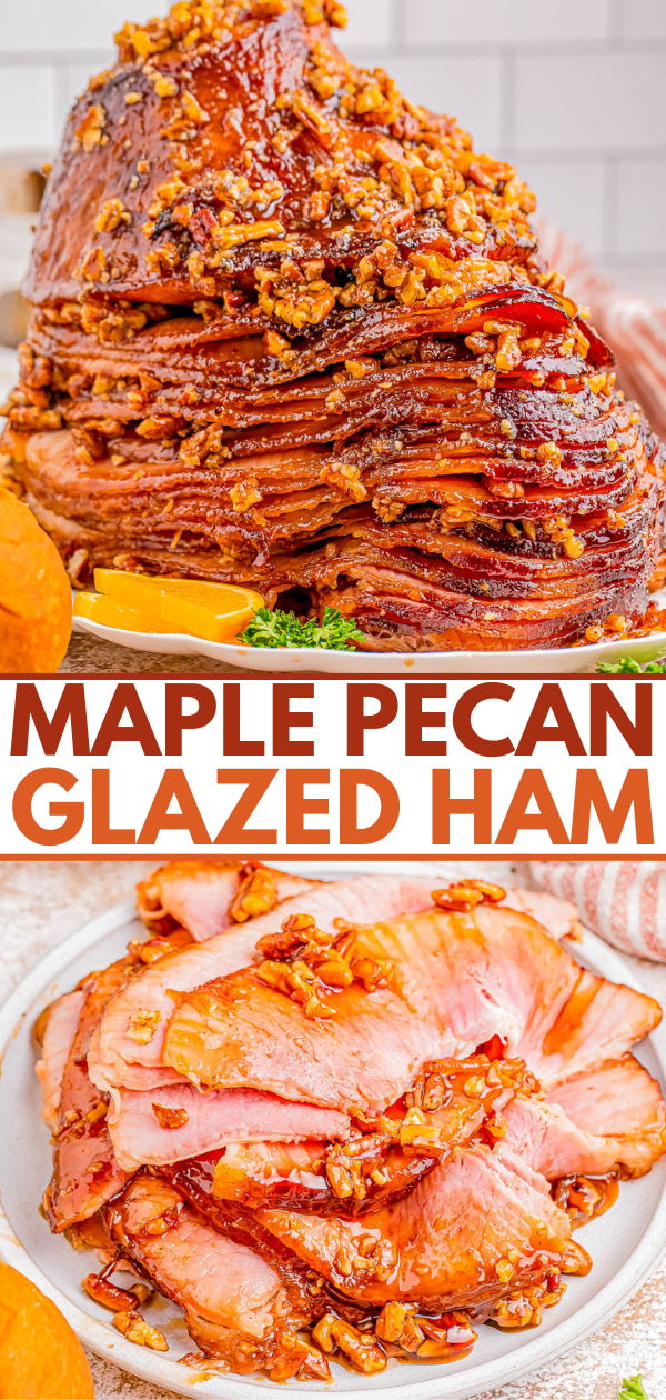 A stacked maple pecan glazed ham on a platter with orange slices and greenery in the background, and a plate of sliced glazed ham in the foreground.