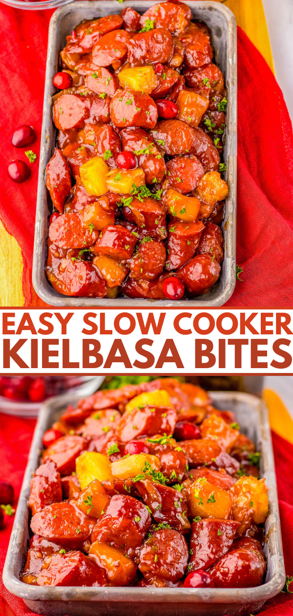 Close-up of slow cooker kielbasa bites in a rectangular dish, garnished with herbs and surrounded by cranberries, with the text "Easy Slow Cooker Kielbasa Bites" above.