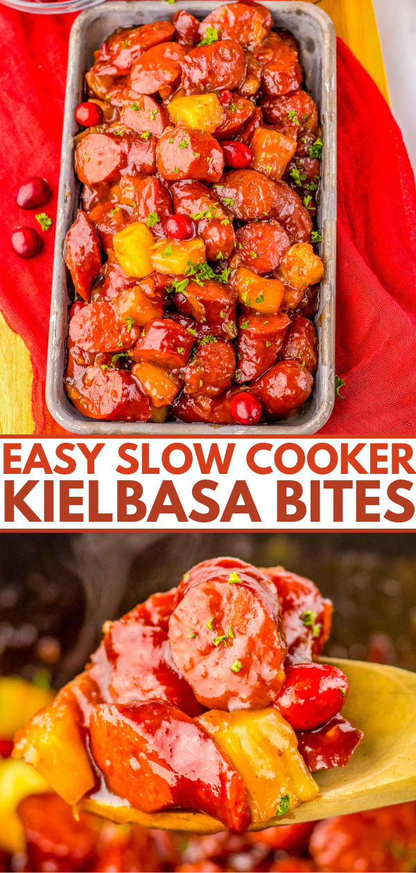 A tray of kielbasa bites with pineapple and cranberries, glazed in sauce. Below is a close-up of a spoon holding the bites. Text overlay reads "Easy Slow Cooker Kielbasa Bites.