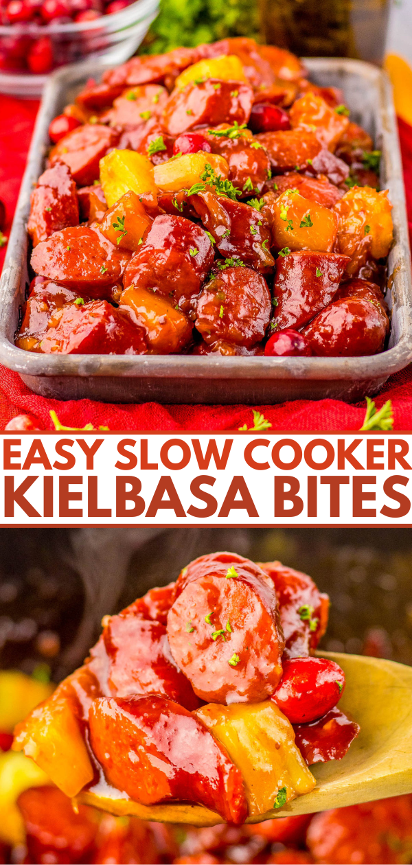 Close-up of a dish featuring kielbasa bites and pineapple chunks in a glossy sauce, garnished with herbs. Text overlay reads "Easy Slow Cooker Kielbasa Bites.