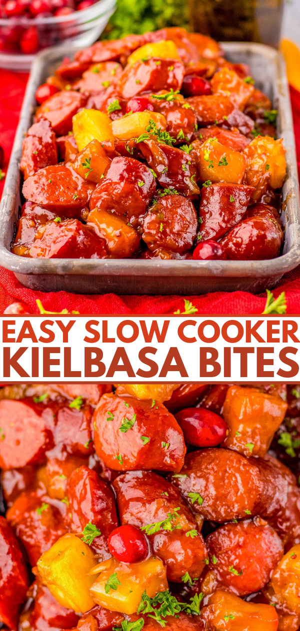 Tray of glazed kielbasa bites with pineapple and cranberries, garnished with parsley. A text overlay says, "Easy Slow Cooker Kielbasa Bites.