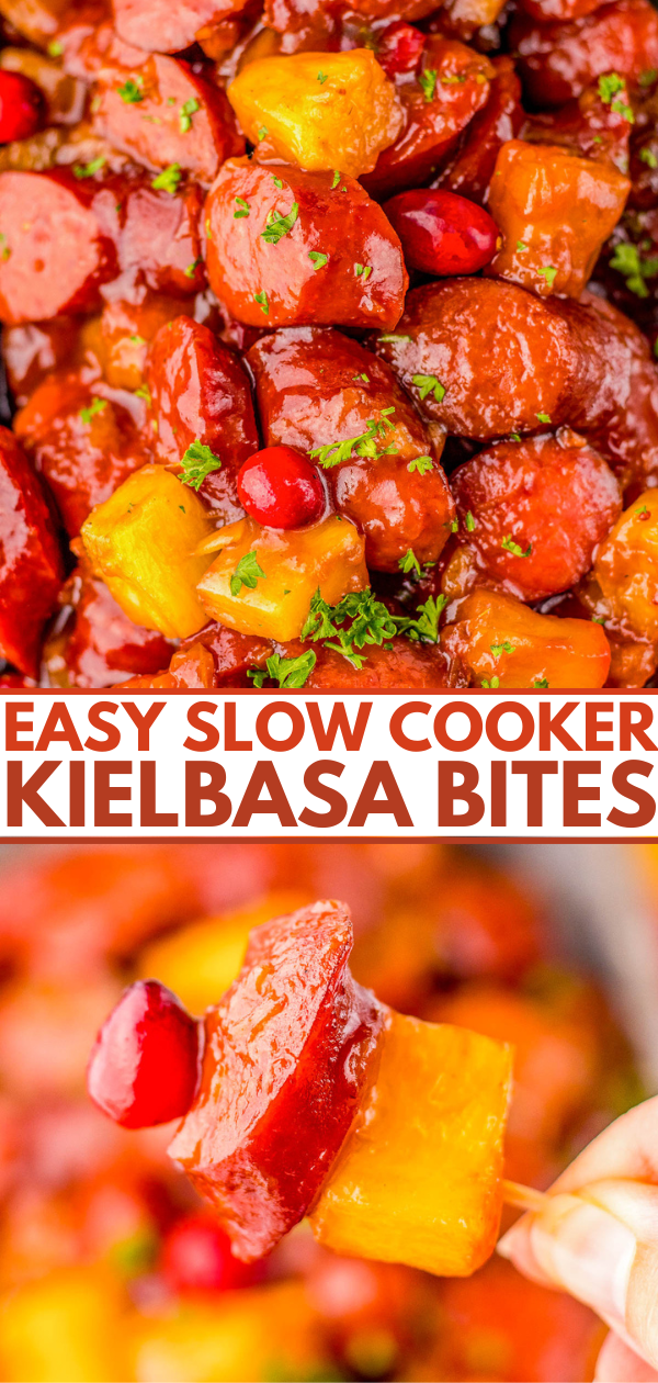 Close-up of glazed kielbasa bites with pineapple and cherries, garnished with herbs. Text reads: "Easy Slow Cooker Kielbasa Bites.