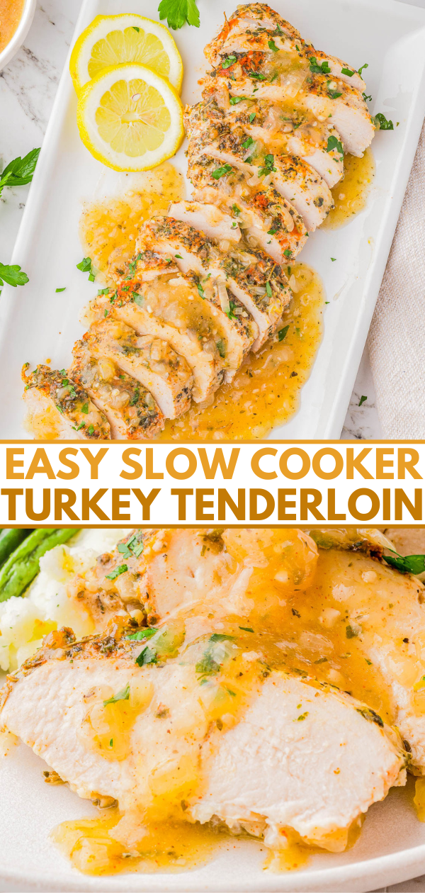 Sliced turkey tenderloin with herbs and lemon wedges on a white plate, accompanied by a text banner reading "Easy Slow Cooker Turkey Tenderloin.