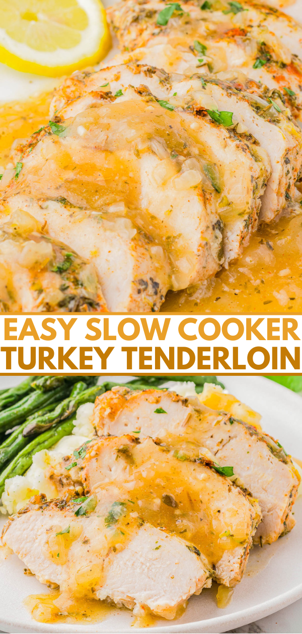 Sliced turkey tenderloin with gravy is served with asparagus and mashed potatoes. Text overlay reads, "Easy Slow Cooker Turkey Tenderloin.