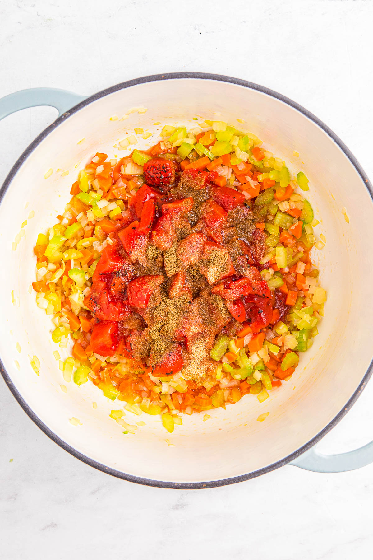 Chopped vegetables and spices in a pot, including diced tomatoes, celery, onions, and carrots, atop a white surface.