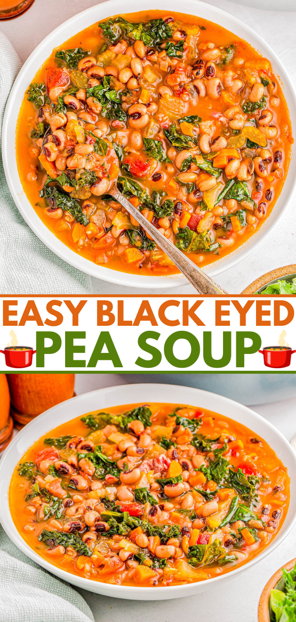 Bowl of black-eyed pea soup with kale, tomatoes, and spices, shown from above with a spoon.