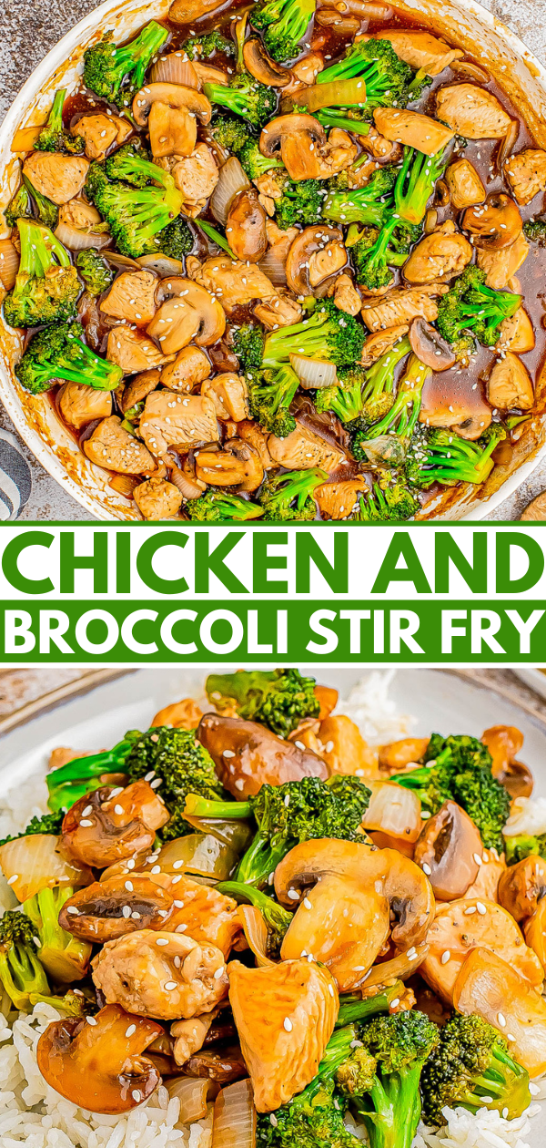 A pan of chicken and broccoli stir fry with mushrooms and onions. The dish is garnished with sesame seeds and served on a plate with rice.