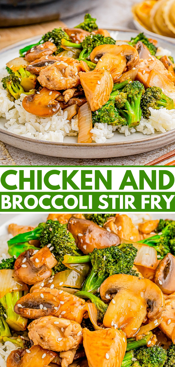 Plate of chicken and broccoli stir fry with mushrooms and onions over rice, garnished with sesame seeds.