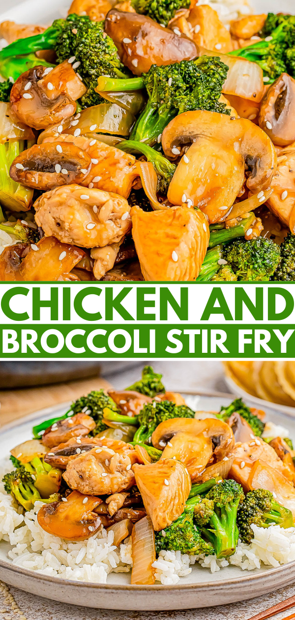 Chicken and broccoli stir fry with mushrooms and sesame seeds served over rice on a plate.